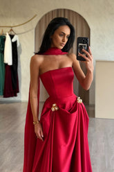 Red Prom Dress Strapless A Line Sleeveless Floor Length Satin Simple Formal Dress With Sash